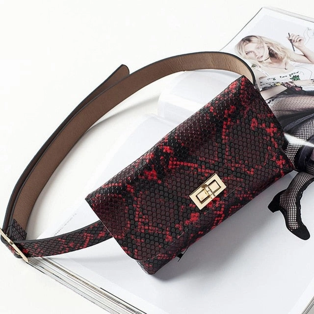 2019Fashion Trend Snake Serpentine Women Button Waist Bag Pack Fanny Leather Snake Skin Waist Belt 5Colors   Droppship