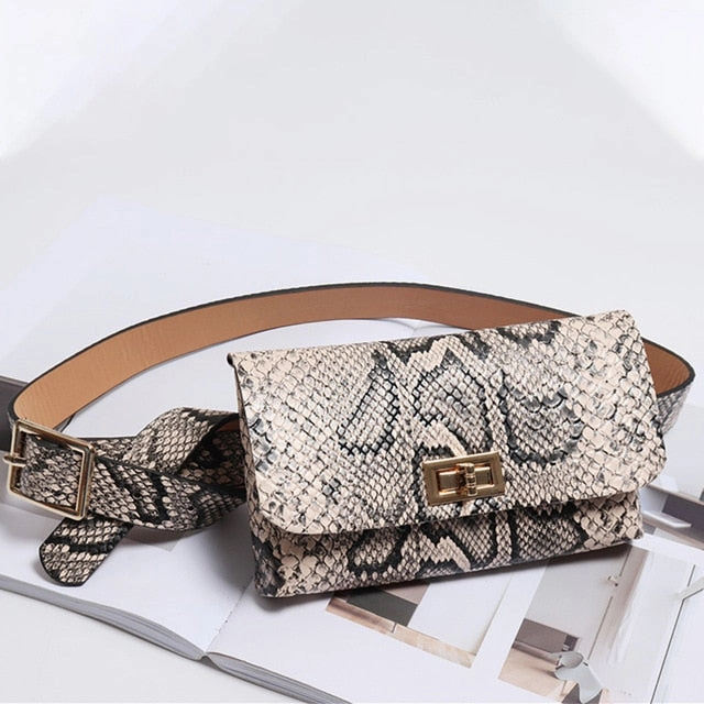 2019Fashion Trend Snake Serpentine Women Button Waist Bag Pack Fanny Leather Snake Skin Waist Belt 5Colors   Droppship