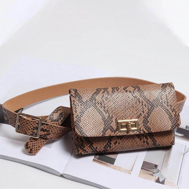 2019Fashion Trend Snake Serpentine Women Button Waist Bag Pack Fanny Leather Snake Skin Waist Belt 5Colors   Droppship