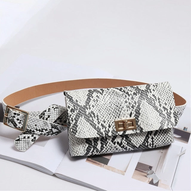 2019Fashion Trend Snake Serpentine Women Button Waist Bag Pack Fanny Leather Snake Skin Waist Belt 5Colors   Droppship