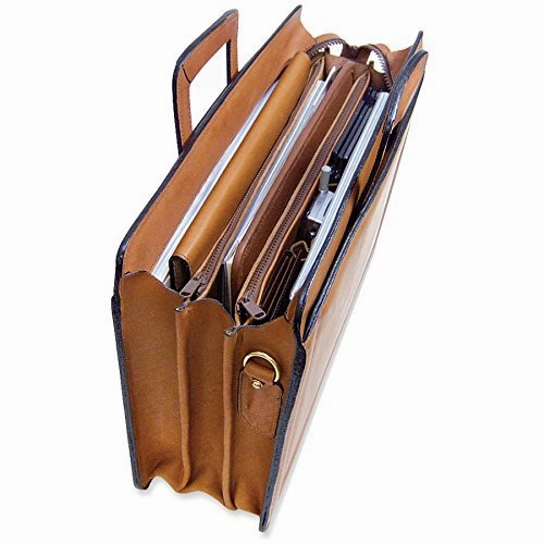 [Personalized Initials Embossing]Jack Georges Belting Triple Gusset Top Zip Leather Briefcase in Brown