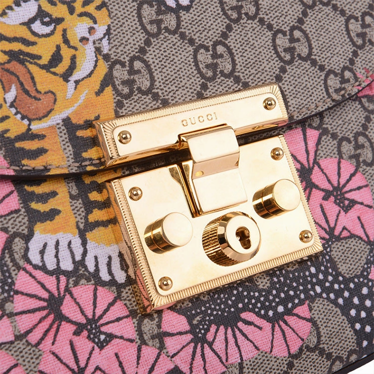(WMNS) GUCCI Padlock Metallic TIGER Printing Logo Stripe Webbing Canvas Saddle Bag Shoulder Messenger Bag Ebony / Multicolor 453189-K5P5G-9968