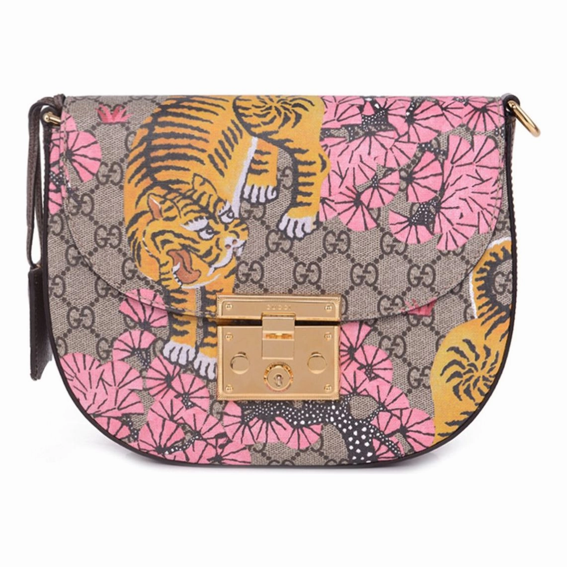 (WMNS) GUCCI Padlock Metallic TIGER Printing Logo Stripe Webbing Canvas Saddle Bag Shoulder Messenger Bag Ebony / Multicolor 453189-K5P5G-9968