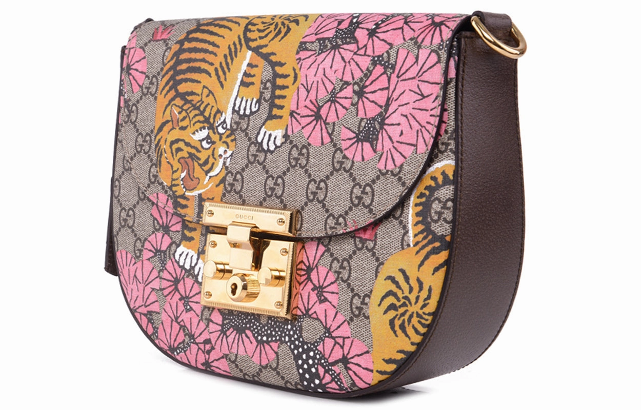 (WMNS) GUCCI Padlock Metallic TIGER Printing Logo Stripe Webbing Canvas Saddle Bag Shoulder Messenger Bag Ebony / Multicolor 453189-K5P5G-9968