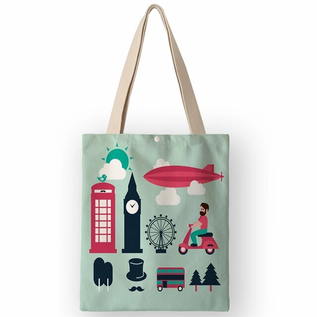 AKB01110 Vinatge British Style Womens Canvas Bags Handbags Cartoon London Prints Shoulder Bags for Shopping Travel