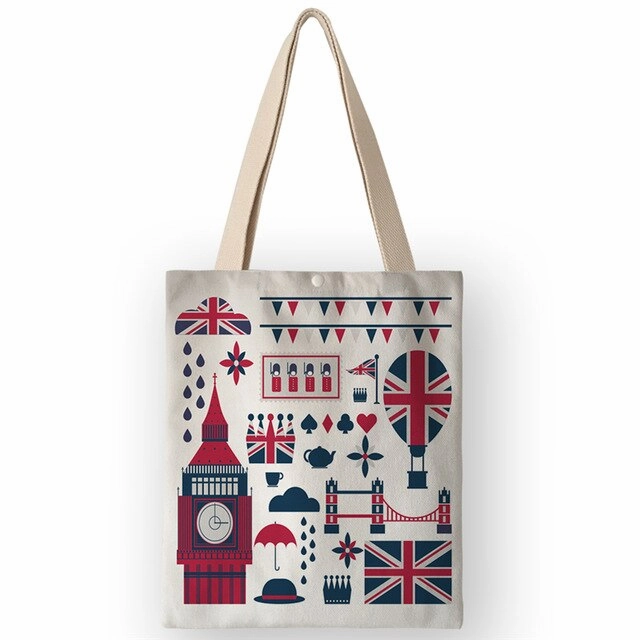 AKB01110 Vinatge British Style Womens Canvas Bags Handbags Cartoon London Prints Shoulder Bags for Shopping Travel