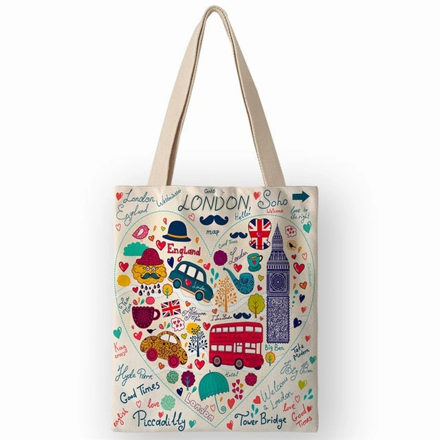AKB01110 Vinatge British Style Womens Canvas Bags Handbags Cartoon London Prints Shoulder Bags for Shopping Travel