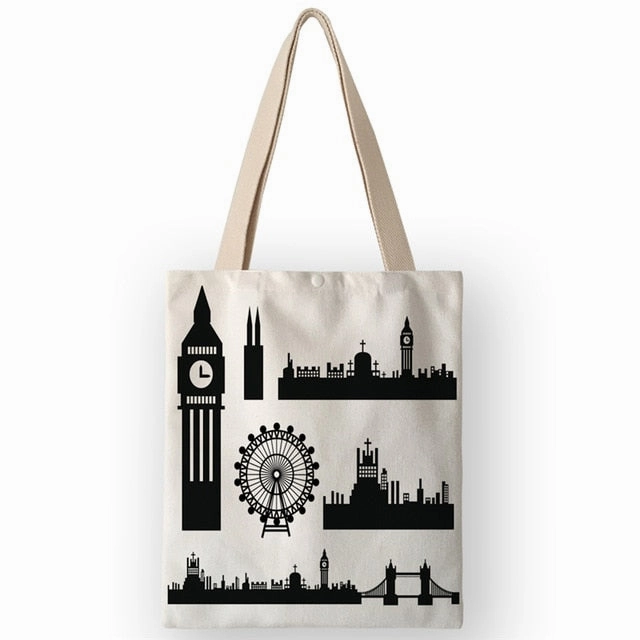 AKB01110 Vinatge British Style Womens Canvas Bags Handbags Cartoon London Prints Shoulder Bags for Shopping Travel