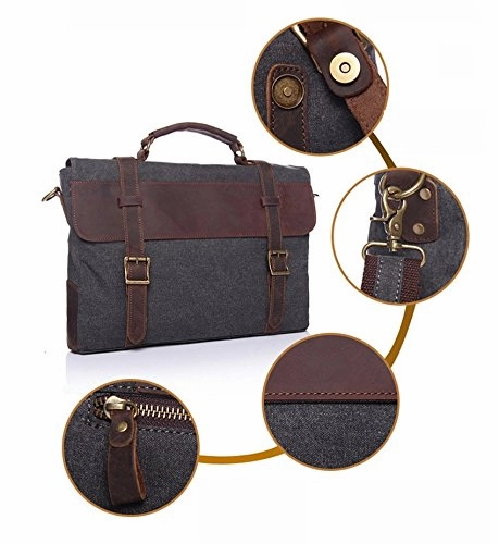 AUGUR Vintage Multifunction Cotton Canvas Leather Laptop Bag Messenger Bag Business bag (Khaki)