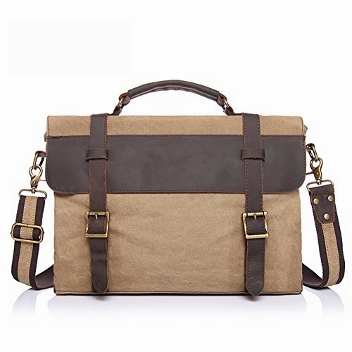 AUGUR Vintage Multifunction Cotton Canvas Leather Laptop Bag Messenger Bag Business bag (Khaki)