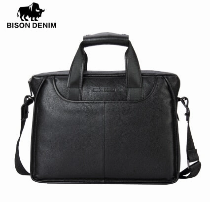 Bison Denim Genuine Leather Guarantee Briefcase Men Bag 14 Inch Laptop Soft Cowhide Messenger Bag