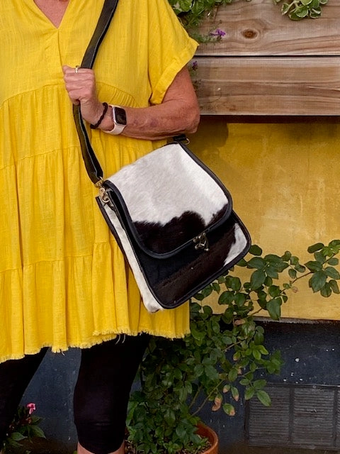 Black and White Cowhide Satchel Crossbody with Swing Latch
