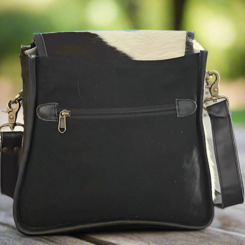 Black and White Cowhide Satchel Crossbody with Swing Latch