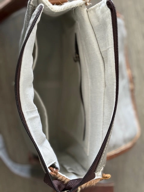 Black and White Cowhide Satchel Crossbody with Swing Latch