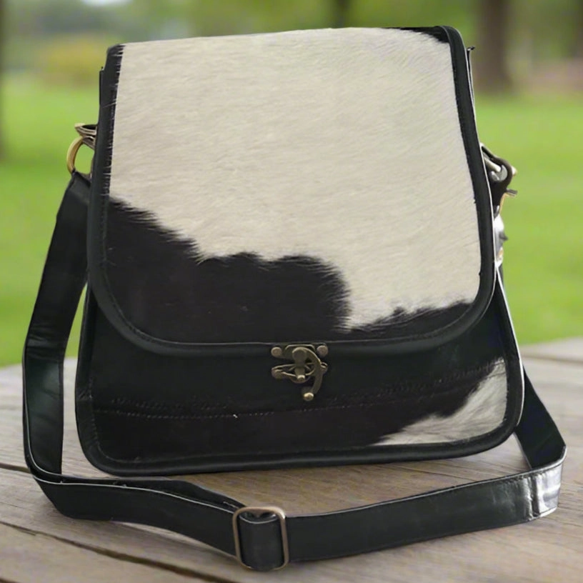 Black and White Cowhide Satchel Crossbody with Swing Latch