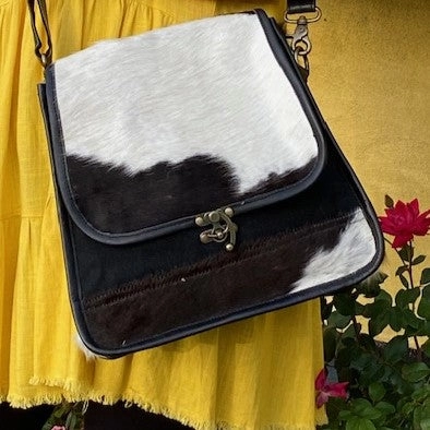 Black and White Cowhide Satchel Crossbody with Swing Latch