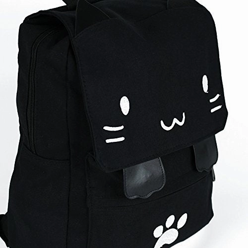 Black College Cute Cat Embroidery Canvas School Laptop Backpack Bags For Women Kids Plus Size