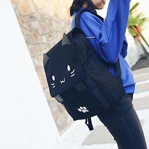 Black College Cute Cat Embroidery Canvas School Laptop Backpack Bags For Women Kids Plus Size