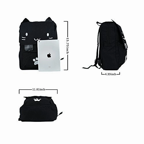 Black College Cute Cat Embroidery Canvas School Laptop Backpack Bags For Women Kids Plus Size