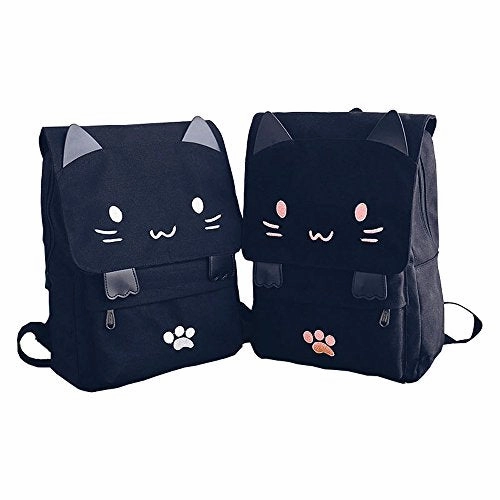 Black College Cute Cat Embroidery Canvas School Laptop Backpack Bags For Women Kids Plus Size