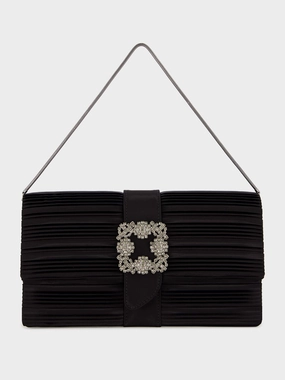 Black Satin Clutch with Crystal Buckle Detail