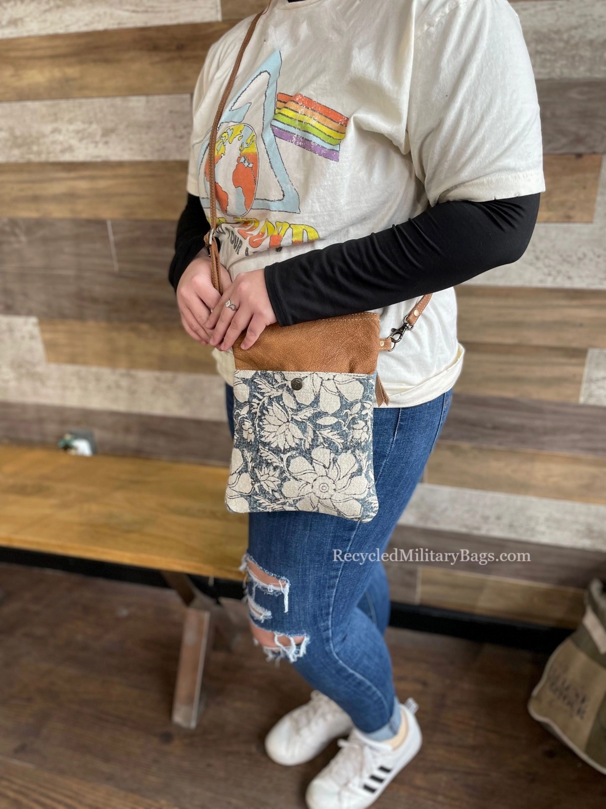 Blue Blooms Floral Tapestry, Leather and Sustainable Canvas Crossbody Purse