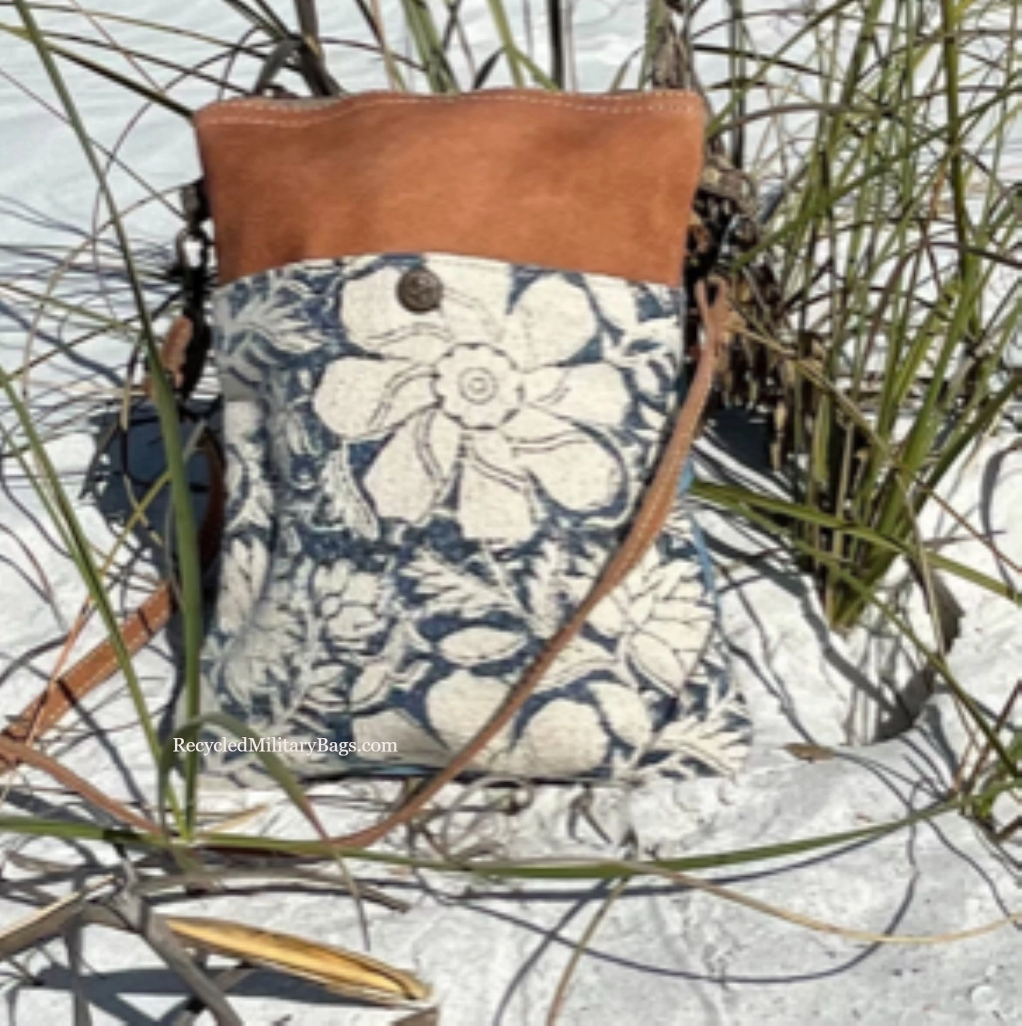 Blue Blooms Floral Tapestry, Leather and Sustainable Canvas Crossbody Purse