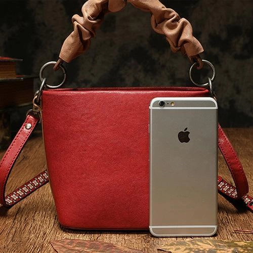 Brown Womens Leather Small Bucket Handbag Red Small Barrel Shoulder Purse for Ladies