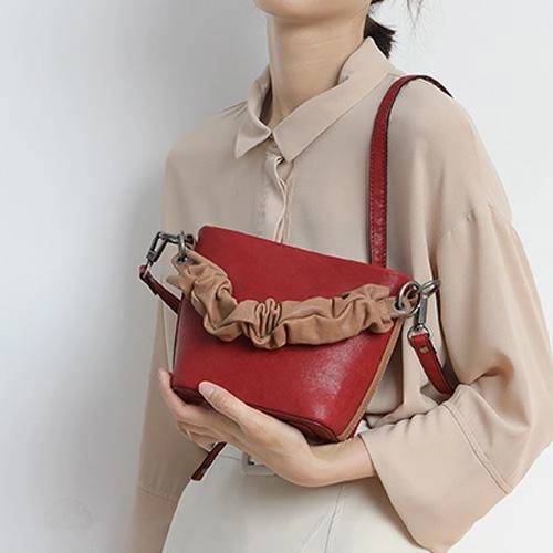 Brown Womens Leather Small Bucket Handbag Red Small Barrel Shoulder Purse for Ladies