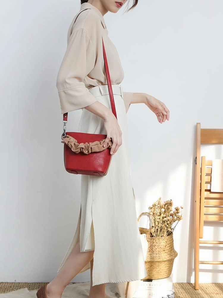 Brown Womens Leather Small Bucket Handbag Red Small Barrel Shoulder Purse for Ladies