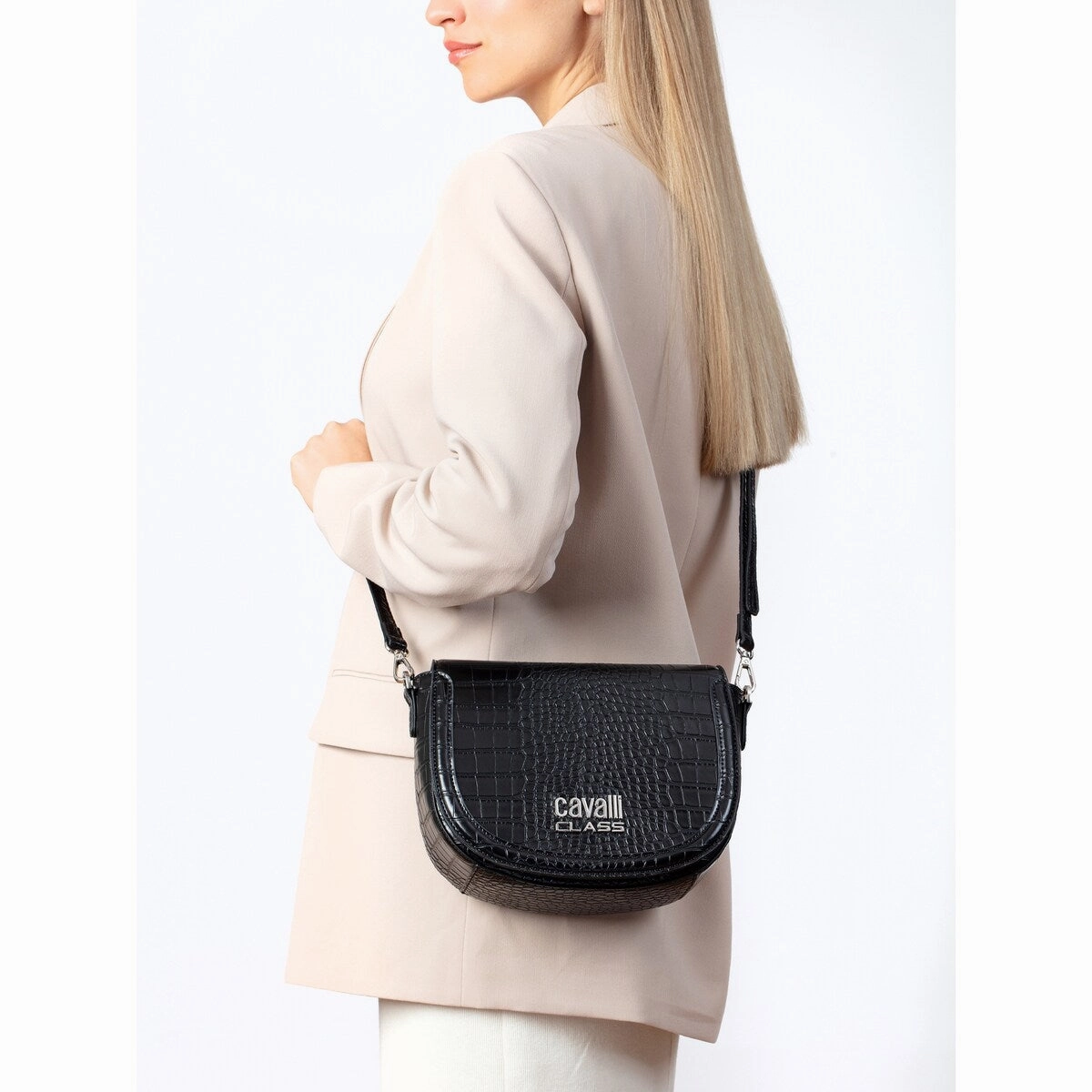 Cavalli Class TORINO Black Medium Crocco Saddle Crossbody bag for womens