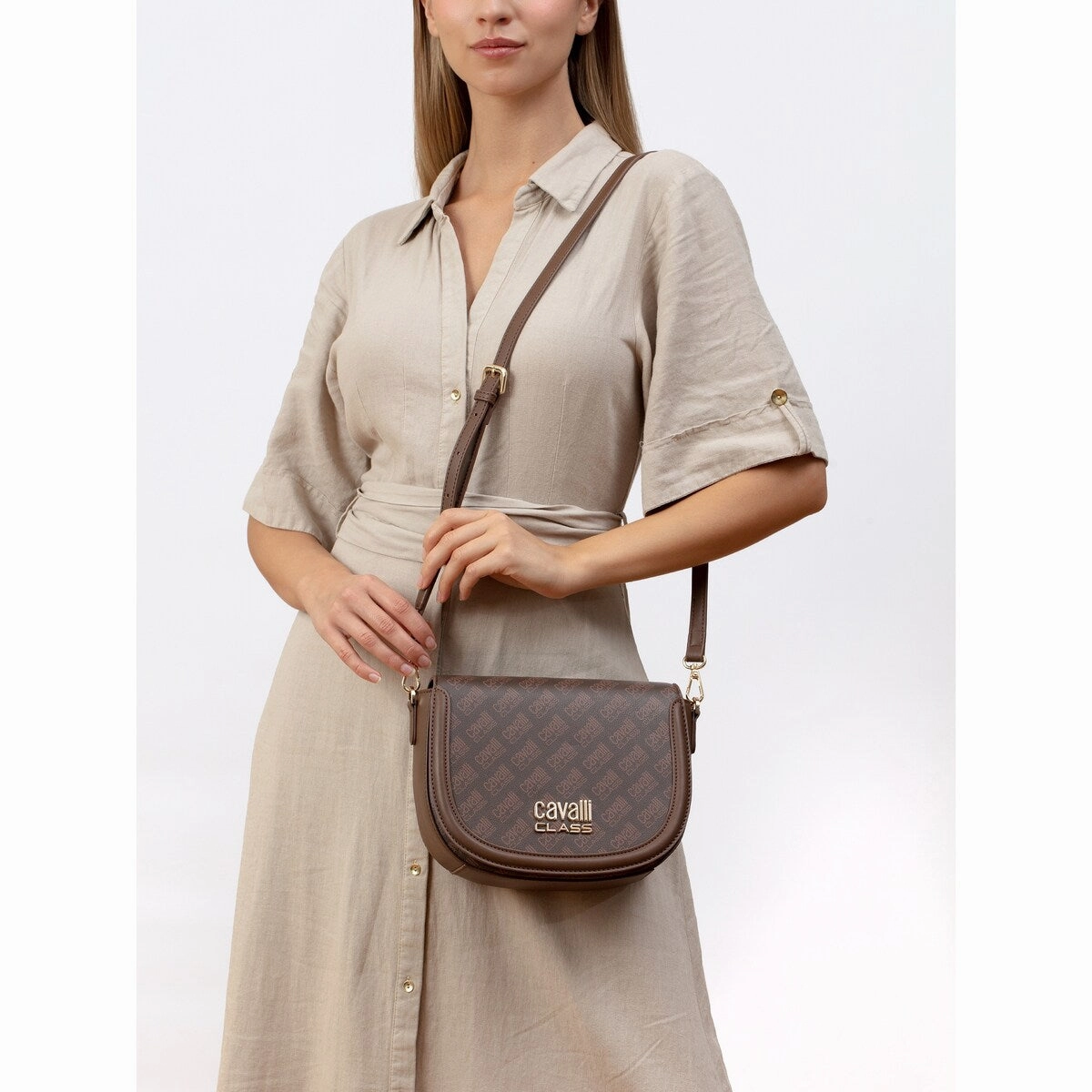 Cavalli Class TORINO Brown Medium Crocco Saddle Crossbody bag for womens