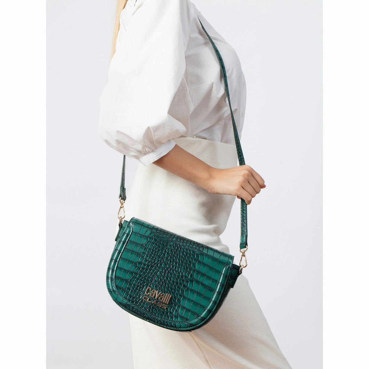 Cavalli Class TORINO Green Medium Crocco Saddle Crossbody bag for womens