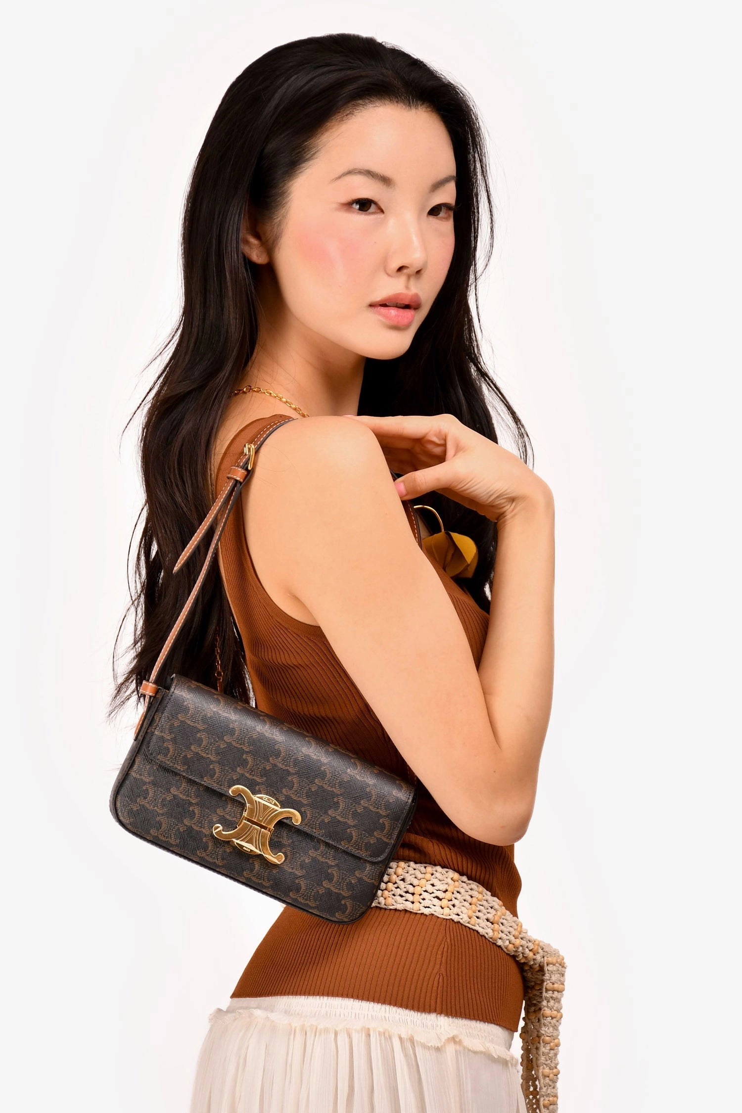 Celine Brown Triomphe Canvas & Calfskin 'Claude' Shoulder Bag