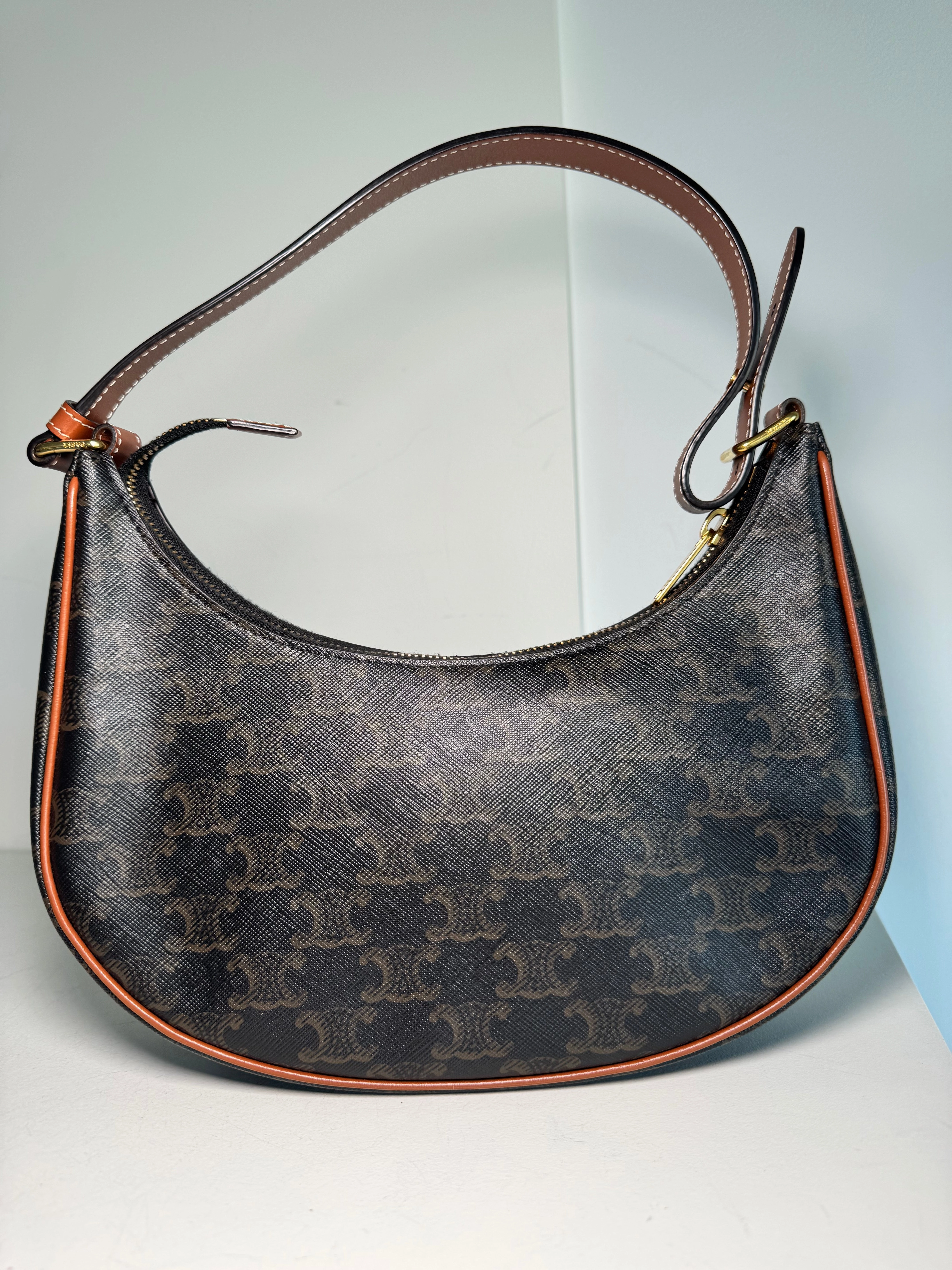 Celine Triomphe Canvas Calfskin Ava Shoulder Bag Tan