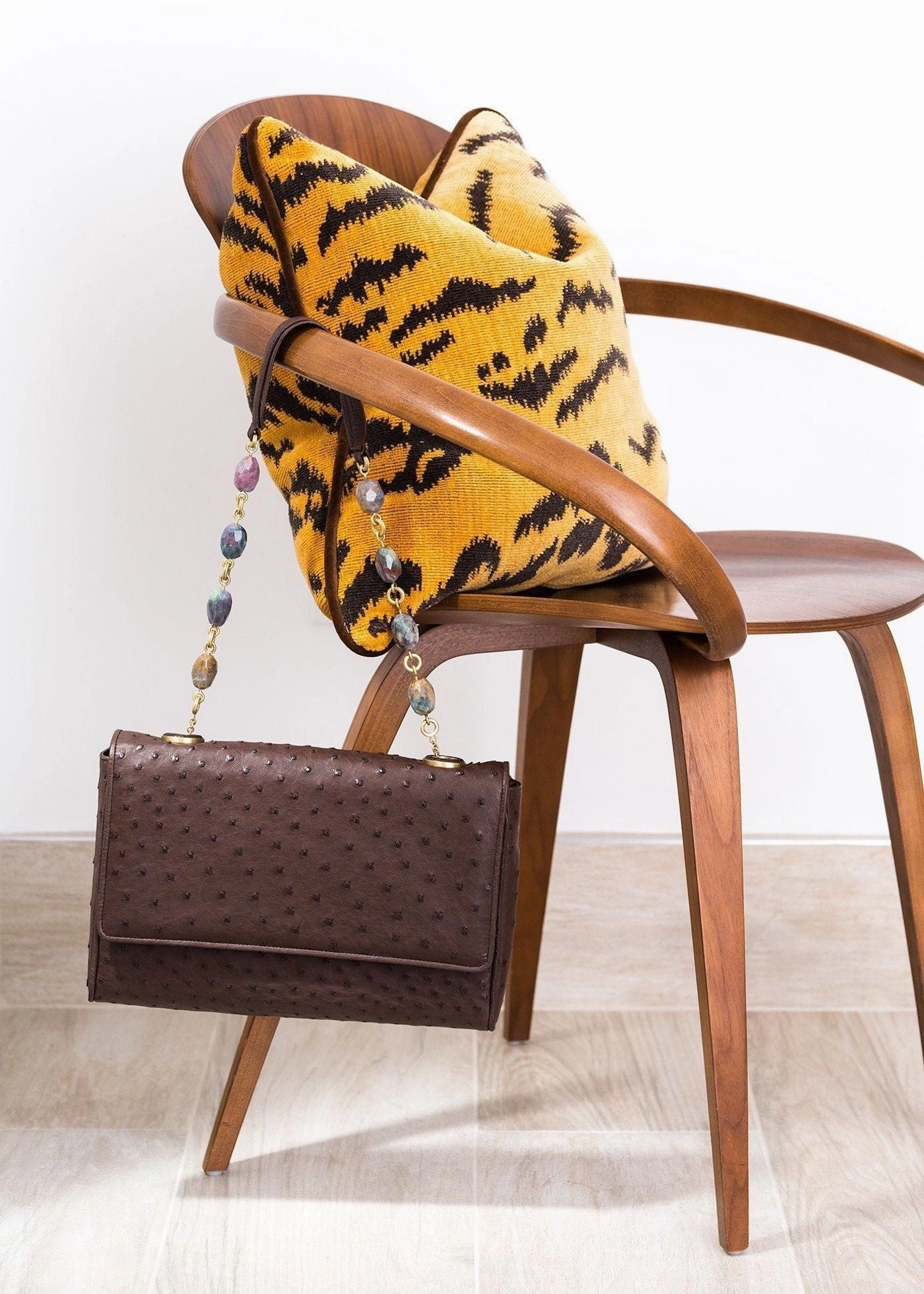 Chain & Jewel Shoulder Bag - Brown, Jasper Handle