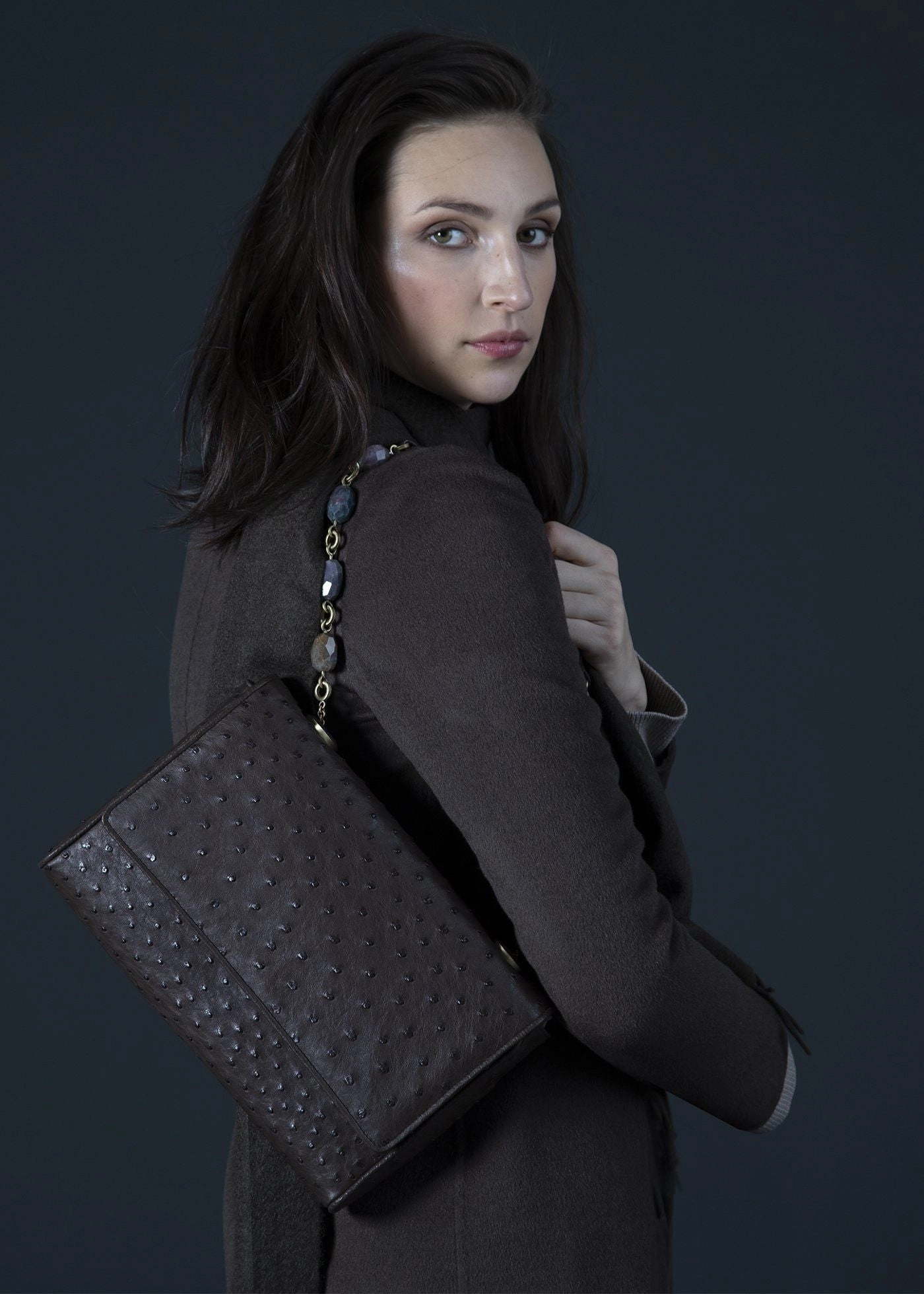 Chain & Jewel Shoulder Bag - Brown, Jasper Handle