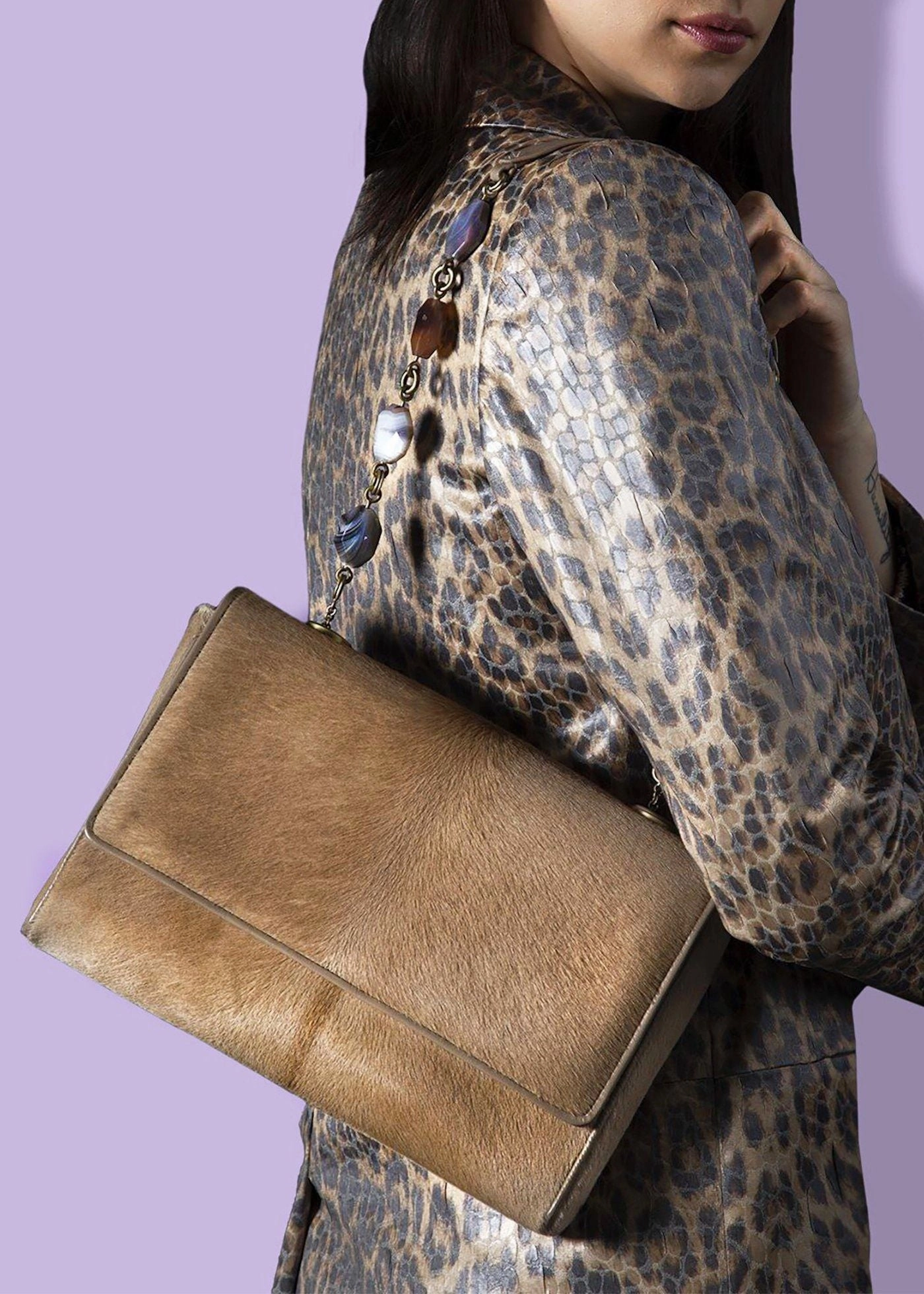 Chain & Jewel Shoulder Bag - Tan Haircalf, Agate