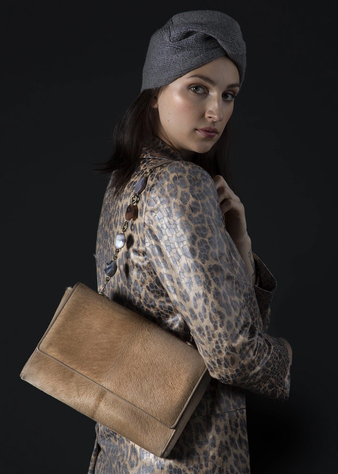 Chain & Jewel Shoulder Bag - Tan Haircalf, Agate