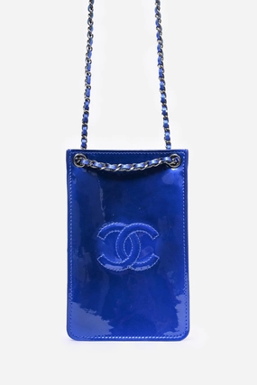 Chanel 2014 Cobalt Blue 'patent Leather Phone Holder with Chain