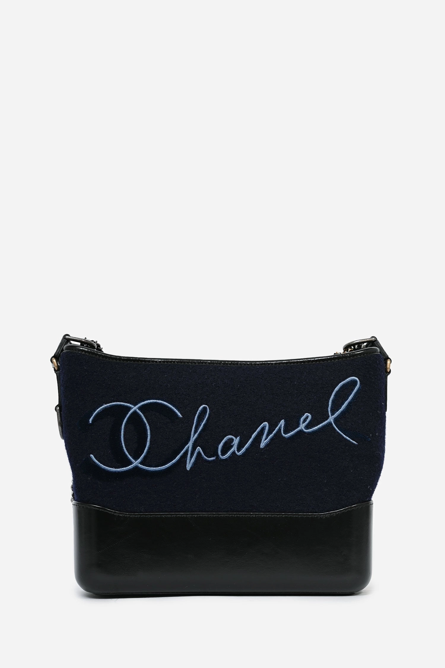 Chanel 2019 Navy Wool 'Paris Hamburg' Embroidered Large Gabrielle Hobo