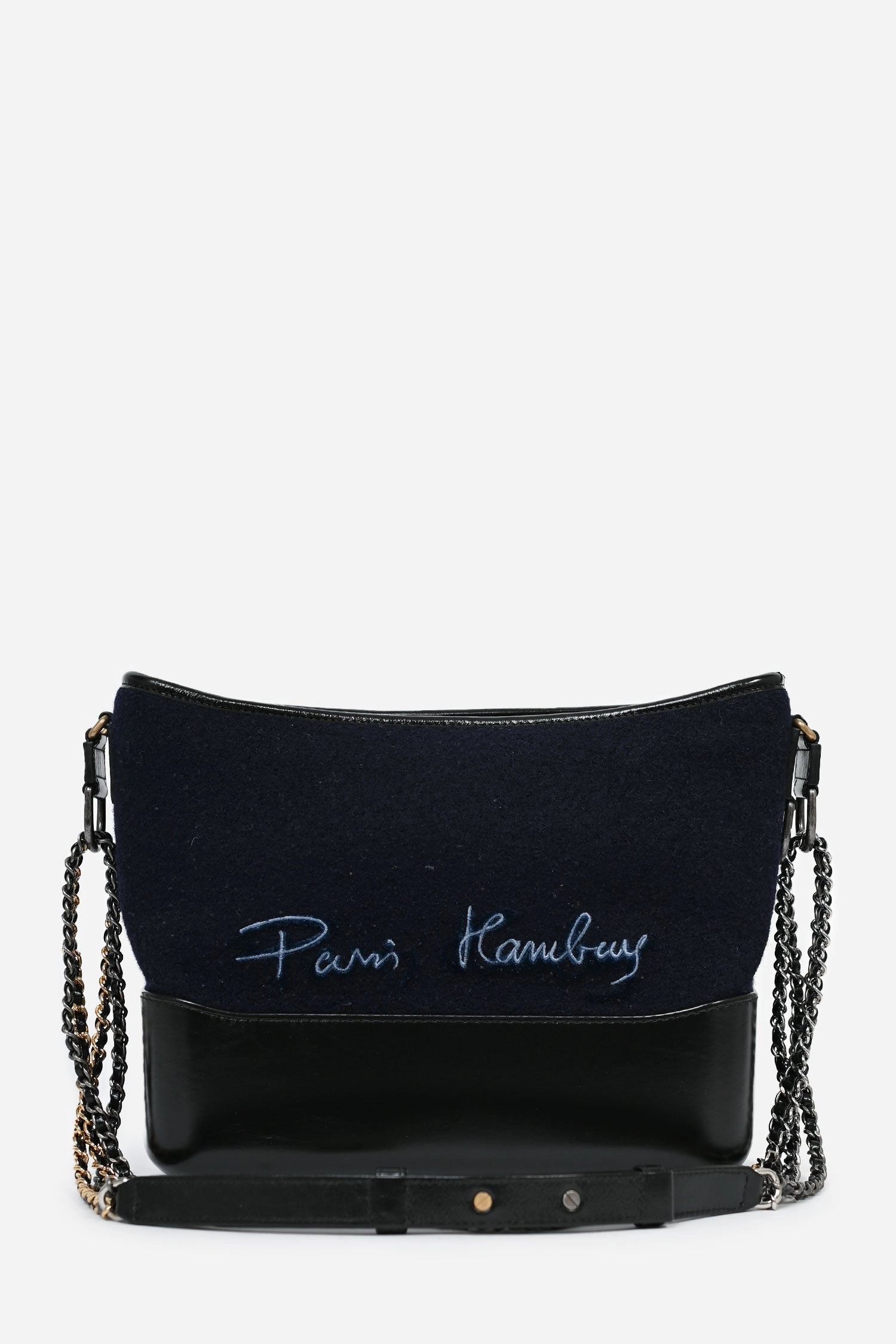 Chanel 2019 Navy Wool 'Paris Hamburg' Embroidered Large Gabrielle Hobo