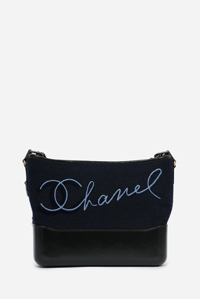 Chanel 2019 Navy Wool 'Paris Hamburg' Embroidered Large Gabrielle Hobo