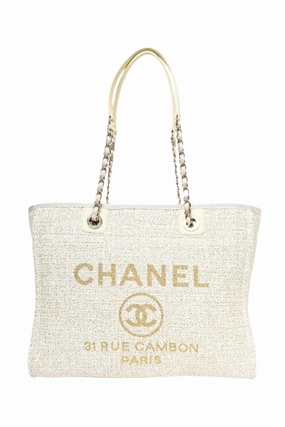Chanel 2021/22 Beige/Gold Metallic Tweed Small Deauville Shopping Tote