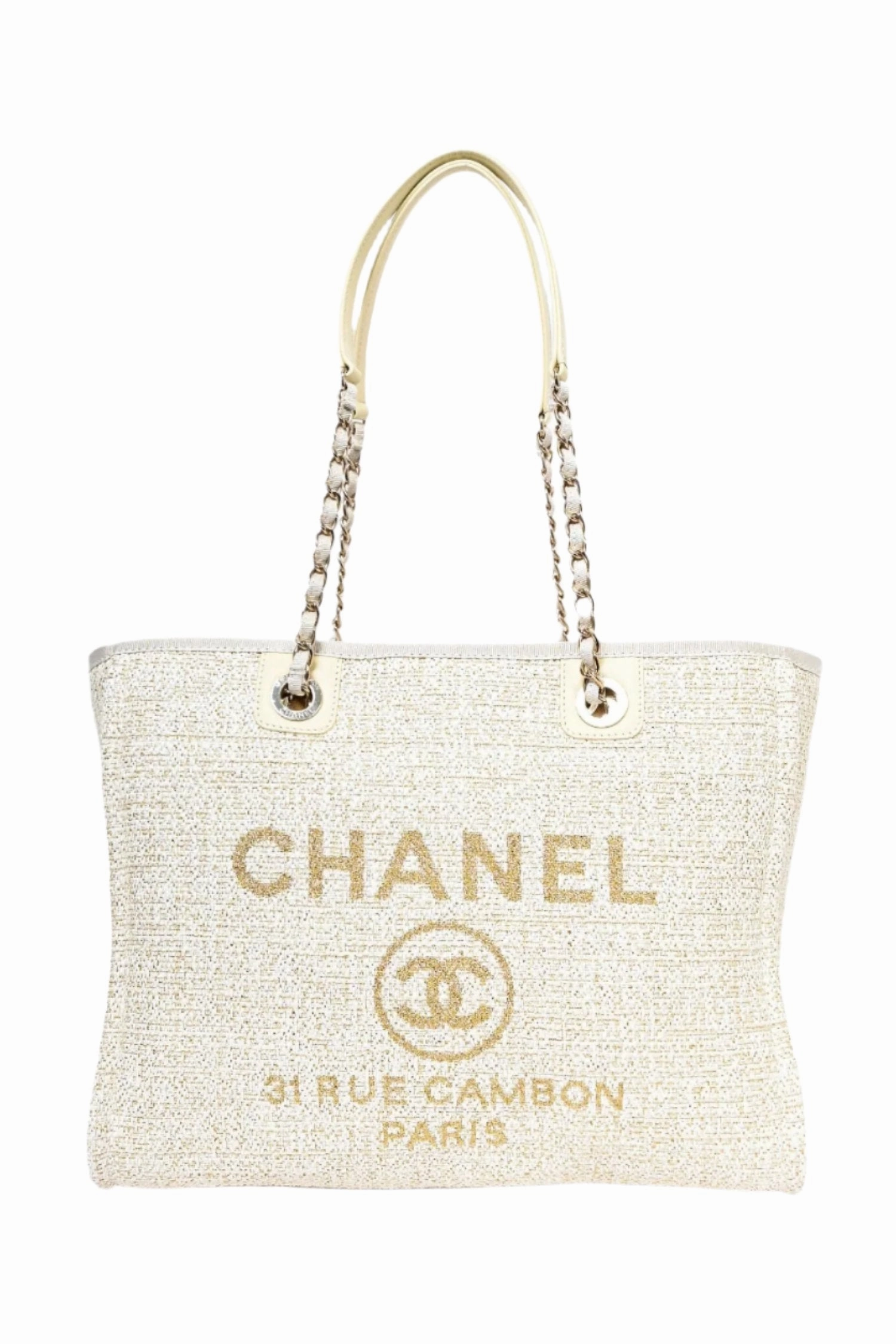 Chanel 2021/22 Beige/Gold Metallic Tweed Small Deauville Shopping Tote