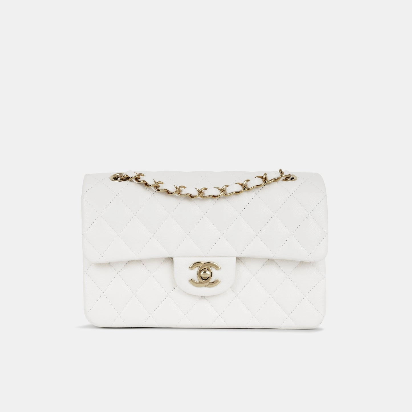 Chanel - Small Classic Flap Bag - White Caviar CGHW - Plaque Series - Pre-Loved