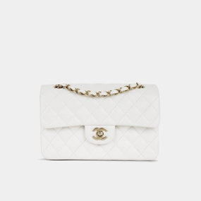 Chanel - Small Classic Flap Bag - White Caviar CGHW - Plaque Series - Pre-Loved
