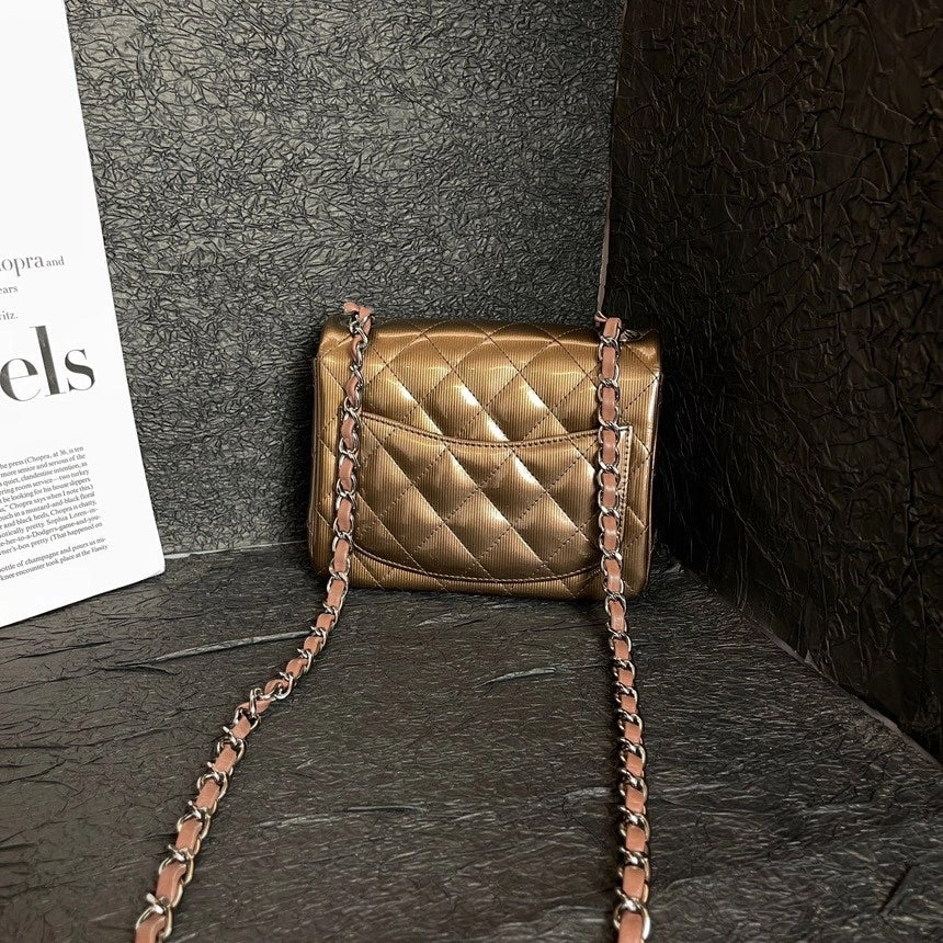 Chanel Brown Patent Leather Square Fat Crossbody Bag