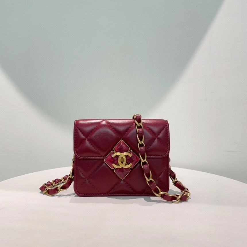 Chanel Burgundy Leather Quilted Wallet On Chain Crossbody Bag