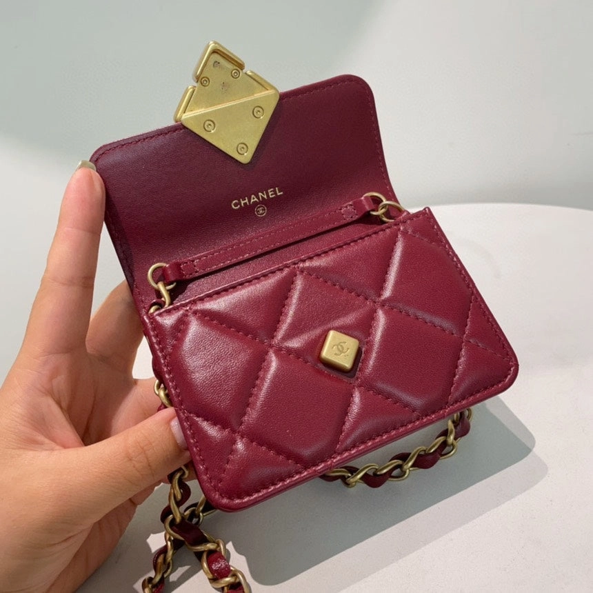 Chanel Burgundy Leather Quilted Wallet On Chain Crossbody Bag